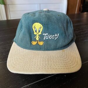 Tweety Bird Hat Cap Fitted Adult Medium Green Beige Warner Brothers 1991 USA